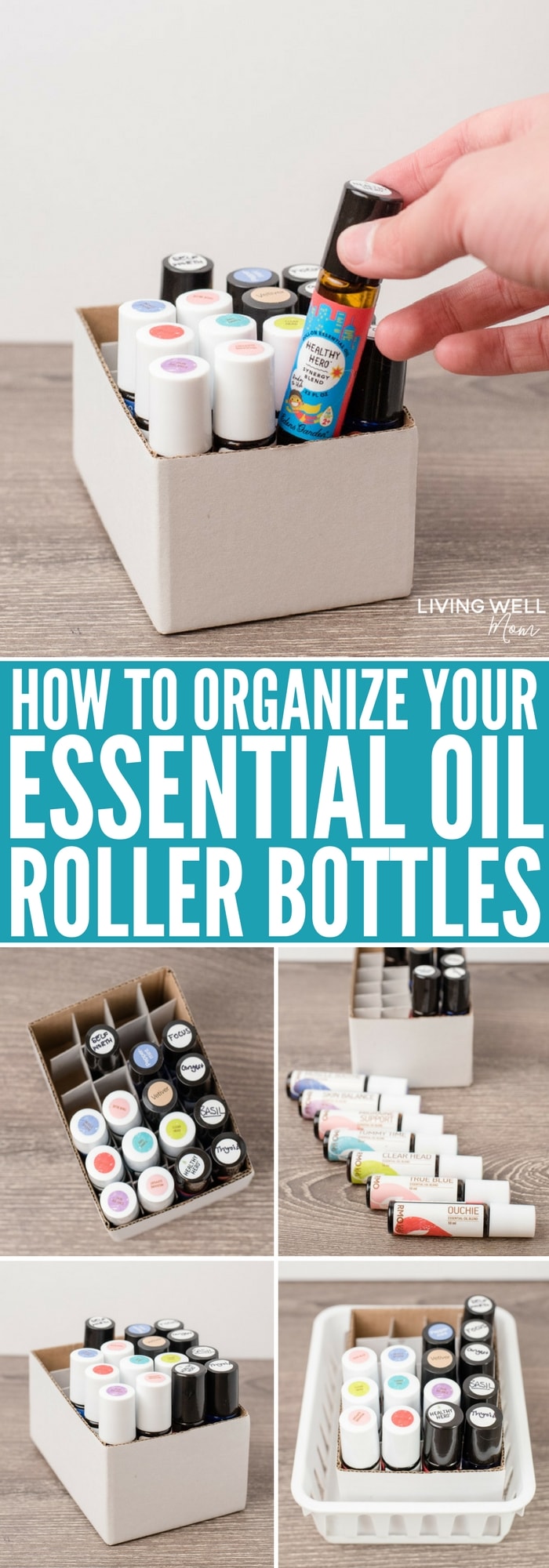 This simple solution for organizing essential oil roller bottles is genius! It's practically free, doesn't require any DIY talent, and works perfectly for keeping roller bottles stored upright with convenient, easy-to-find access.