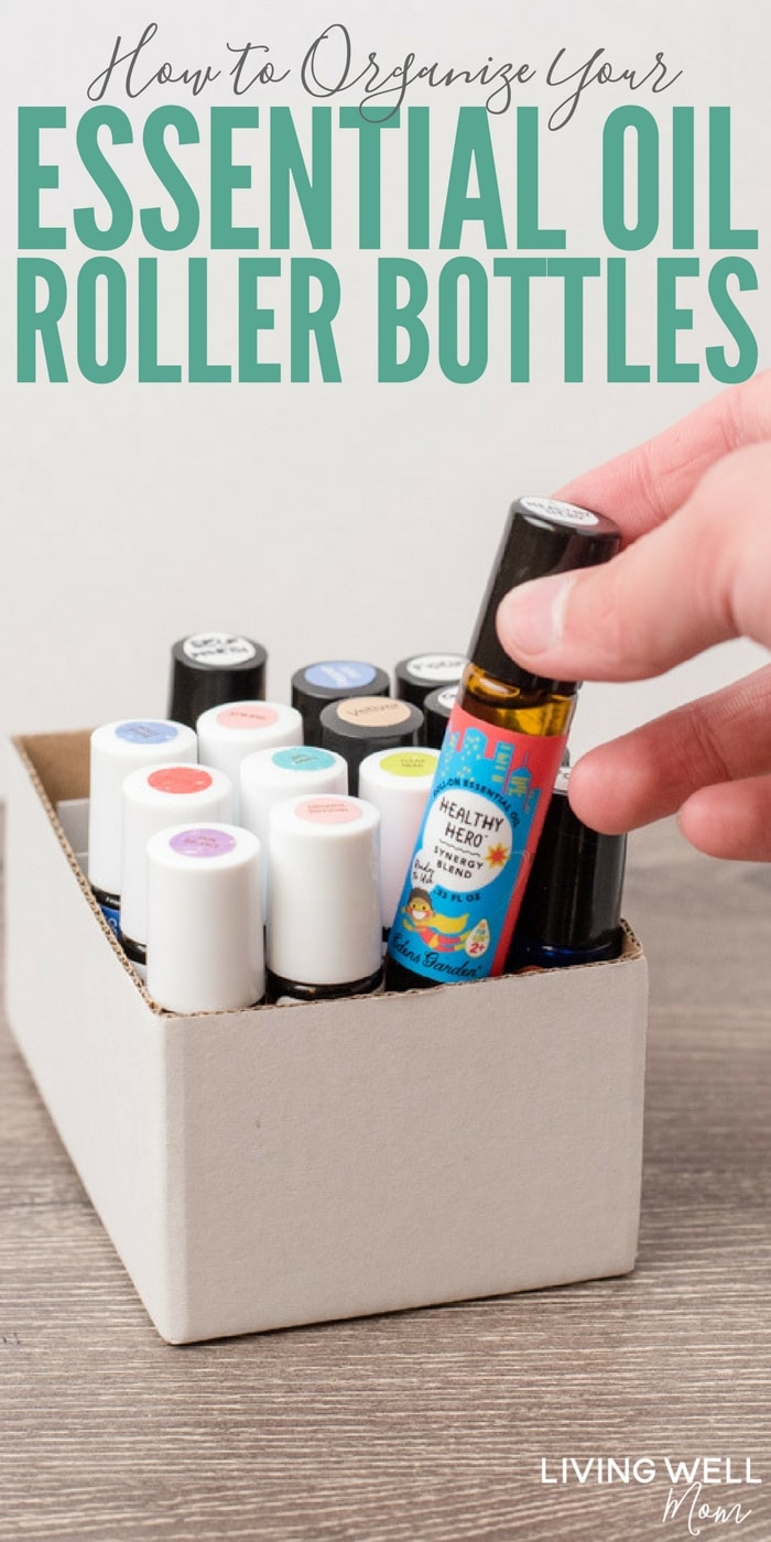 This simple solution for organizing essential oil roller bottles is genius! It's practically free, doesn't require any DIY talent, and works perfectly for keeping roller bottles stored upright with convenient, easy-to-find access.