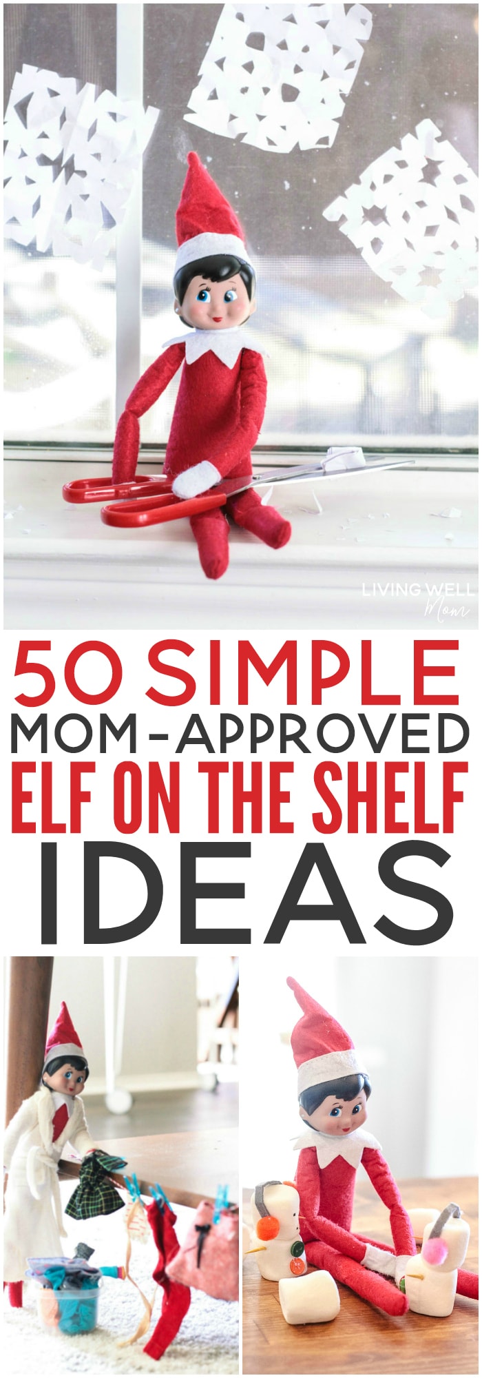 Looking for SIMPLE ideas for your Elf on the Shelf? Here are 50 Mom-approved EASY Elf-on-the-shelf ideas that don't require elaborate planning or setup! Plus download a free printable.