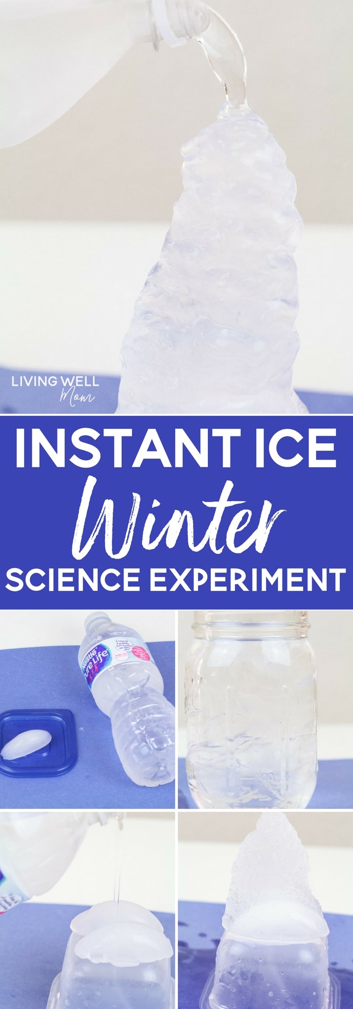 This fun STEM activity teaches kids about the science of water and ice. They'll be amazed at how it appears you are pouring ice directly from a water bottle with this "instant ice" activity!