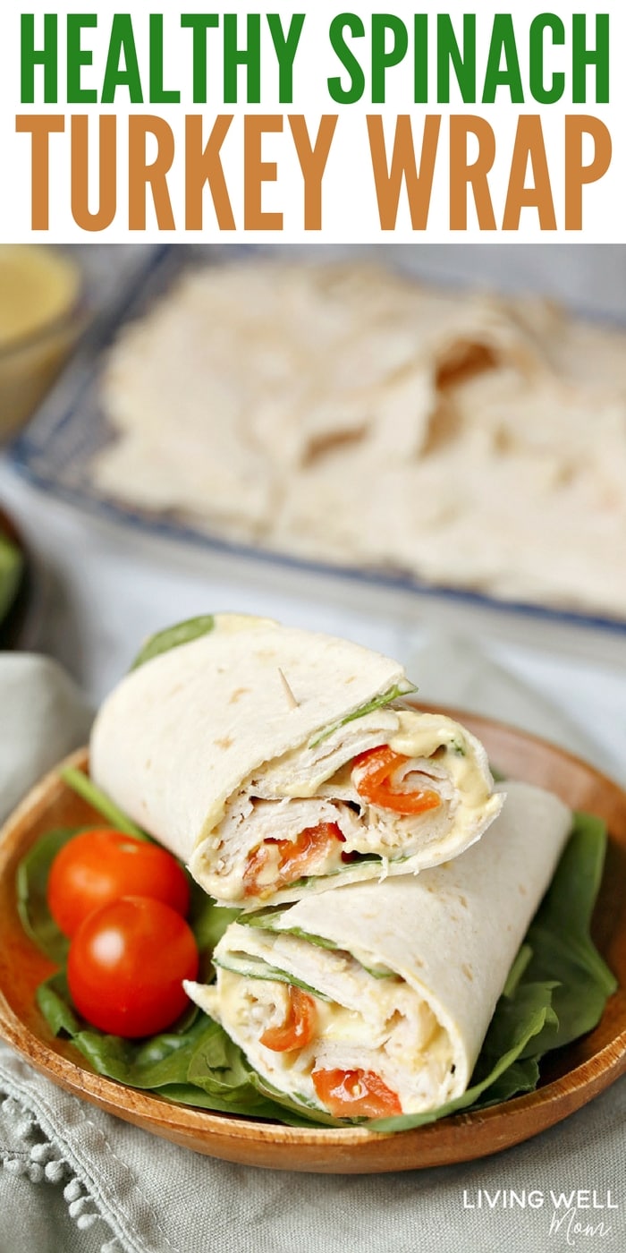 With delicious maple honey turkey slices, spinach, tomatoes, hummus, mayo, and Dijon mustard layered in a wrap, this Healthy Spinach Turkey Wrap is as satisfying and filling as it is tasty. It's a delicious, good-for-you alternative to the boring sandwiches or other common lunches we often eat. #healthyrecipes #lunch #easyrecipe