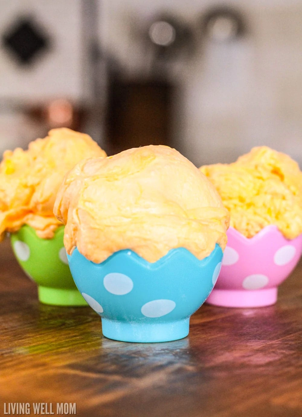 fluffy slime in colorful eggshell cups