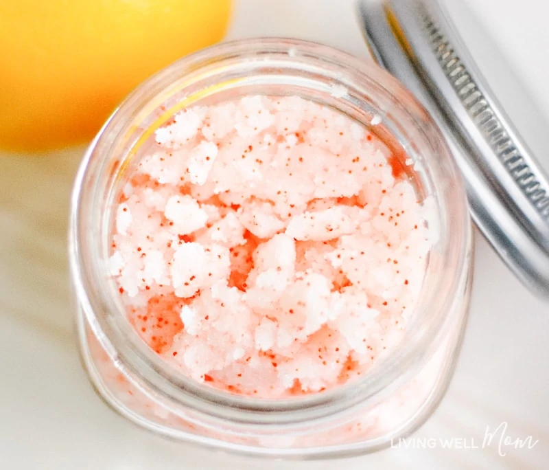 Close up of citrus sugar scrub in a small mason jar