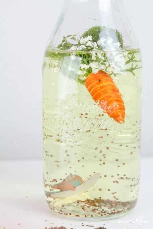 DIY sensory bottle containing a butterfly, seeds, a carrot, moss and flowers. 