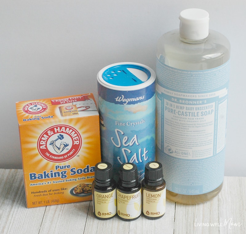 All natural ingredients to make DIY Garbage Disposal Deodorizer; Castile soap, sea salt, baking soda and essential oils.