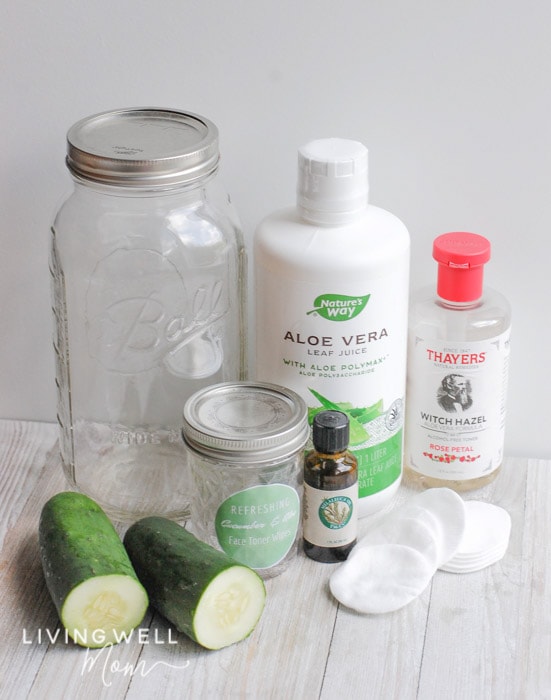 ingredients for toner with aloe vera including cucumbers, essential oils, witch hazel, and aloe vear