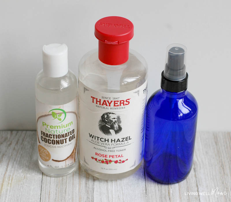 coconut oil, witch hazel and a spray bottle to make a blend of calming oils for kids