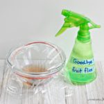 green spray bottle goodbye fruit flies with plastic wrap over bowl as homemade fruit fly trap