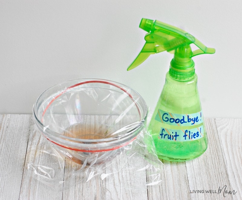 green spray bottle goodbye fruit flies with plastic wrap over bowl as homemade fruit fly trap