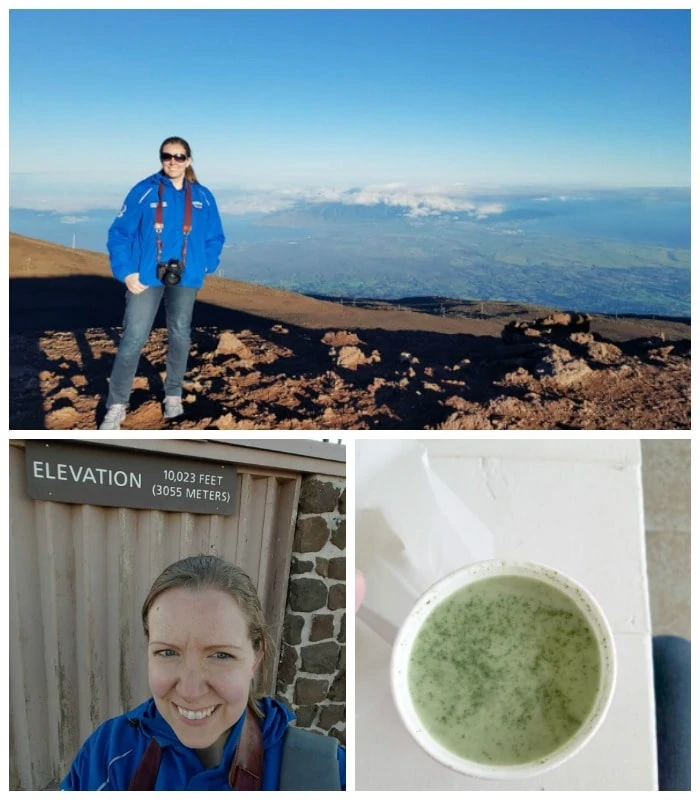 Erika Bragdon posing for a photo in Hawaii and  Lavender Matcha Green tea Latte