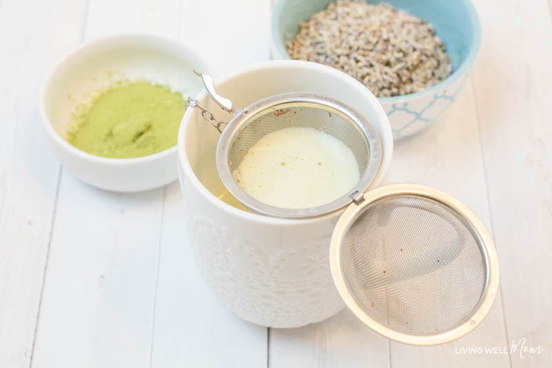 ingredients being mixed together to make Lavender Matcha Green tea Latte