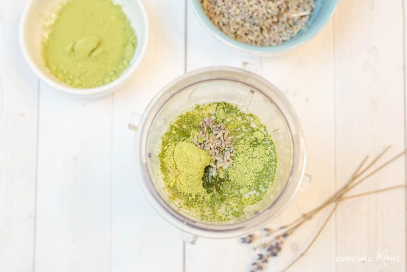 ingredients being mixed together to make Lavender Matcha Green tea Latte