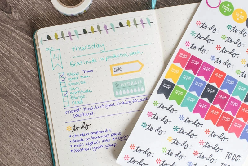 simple bullet journal page layout with to-do stickers