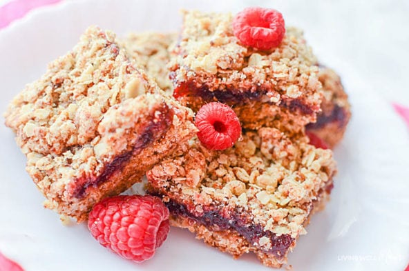 Easy raspberry oatmeal bars recipe - gluten-free with vegan & dairy-free option