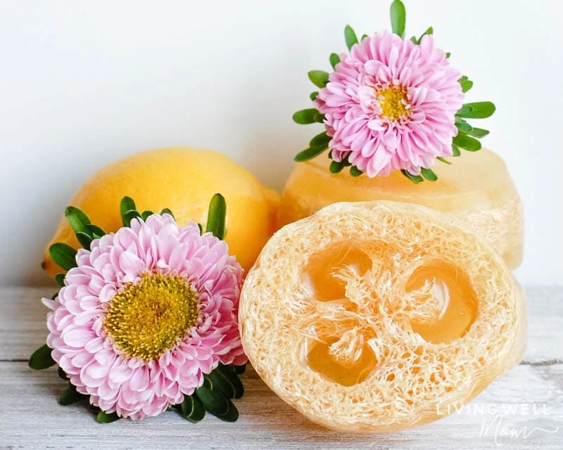pretty homemade loofah soap bars with flowers