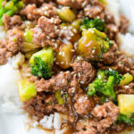 hamburger beef and broccoli with sauce served over rice dinner