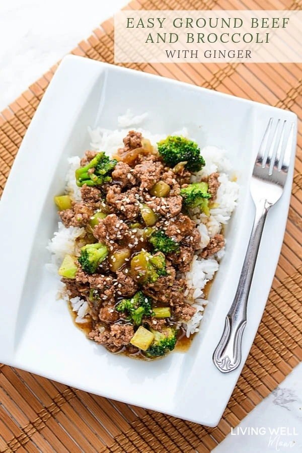 ginger ground beef and broccoli recipe on a white plate with a fork