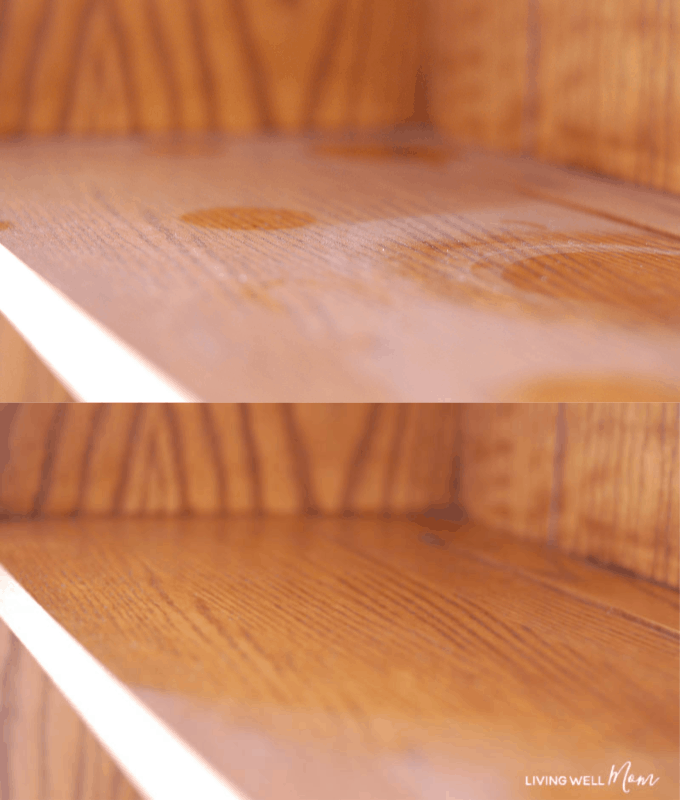 Wood shelf showing before and after use of dust spray