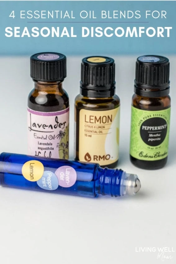  essential oil blends for seasonal discomfort with lavender, lemon, and peppermint and roller bottle