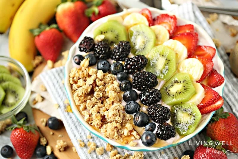 rainbow acai yogurt bowl recipe with granola fruit and yogurt