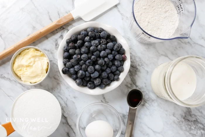 Ingredients for a blueberry cake including fresh berries, gluten-free flour, milk, an egg, butter, vanilla and sugar.