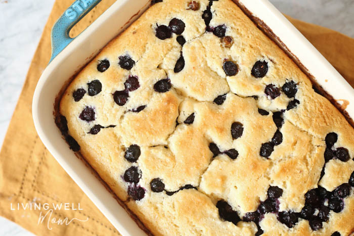 A golden-brown blueberry cake fresh out of the oven. 