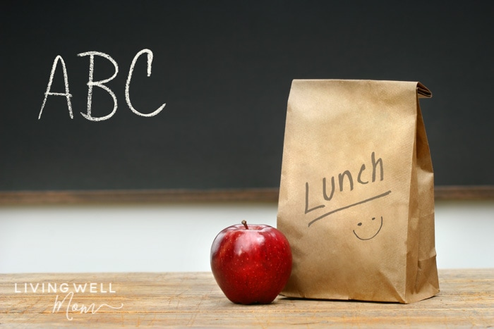 chalkboard with ABC, apple, and gluten-free school lunch for kids