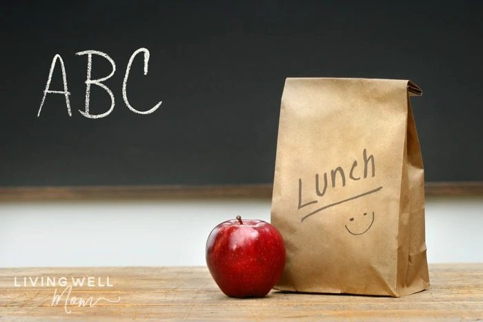 chalkboard with ABC, apple, and gluten-free school lunch for kids