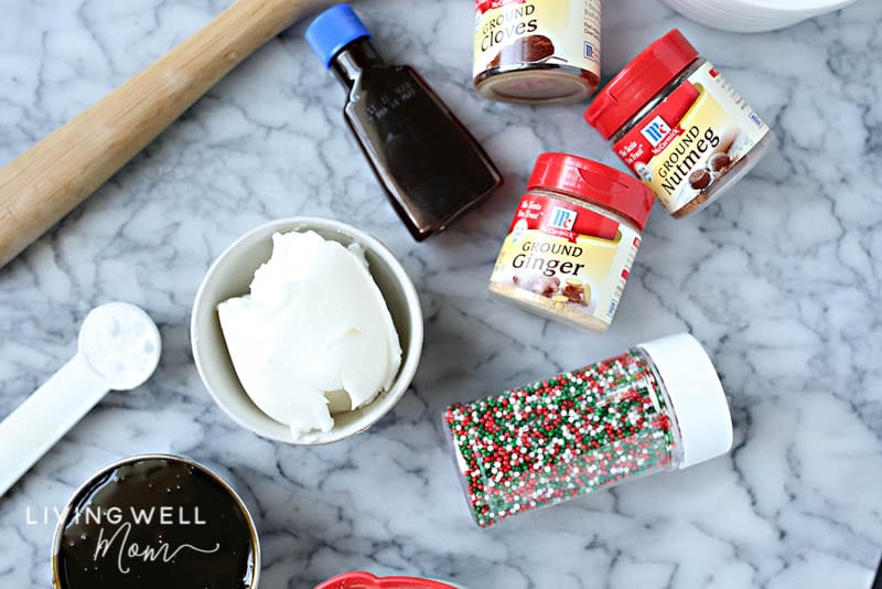 ingredients for ginger molasses cookies with spices, shortening, vanilla