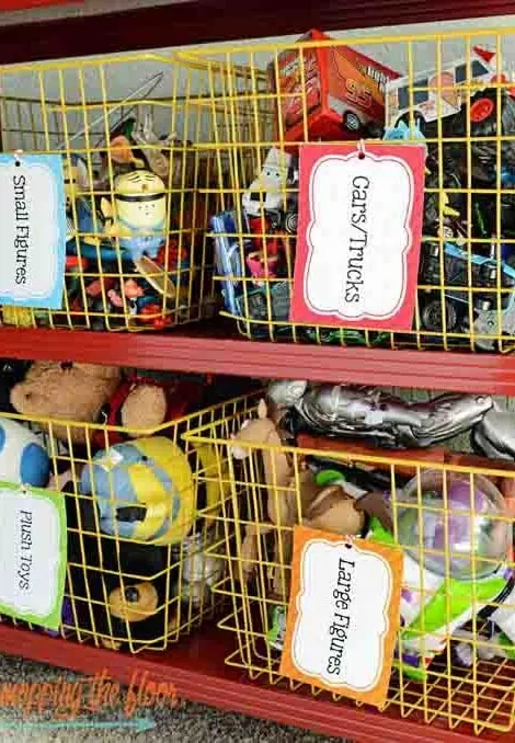 wire bins of toys labeled
