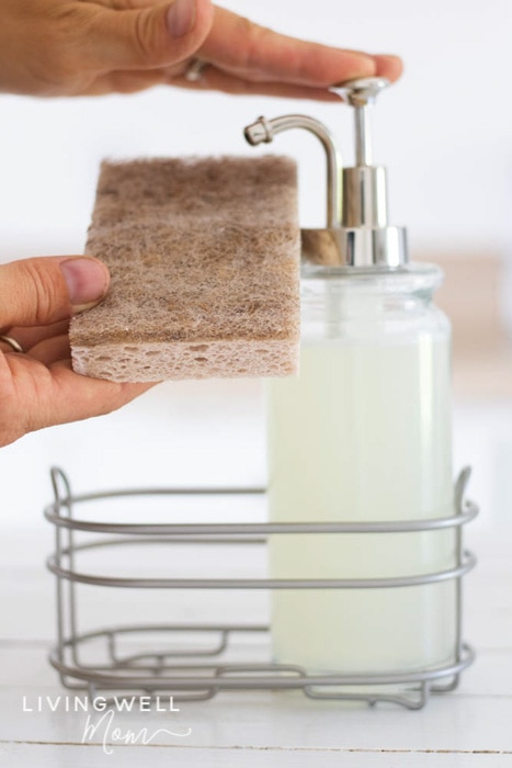 squirting homemade liquid dish soap onto a sponge