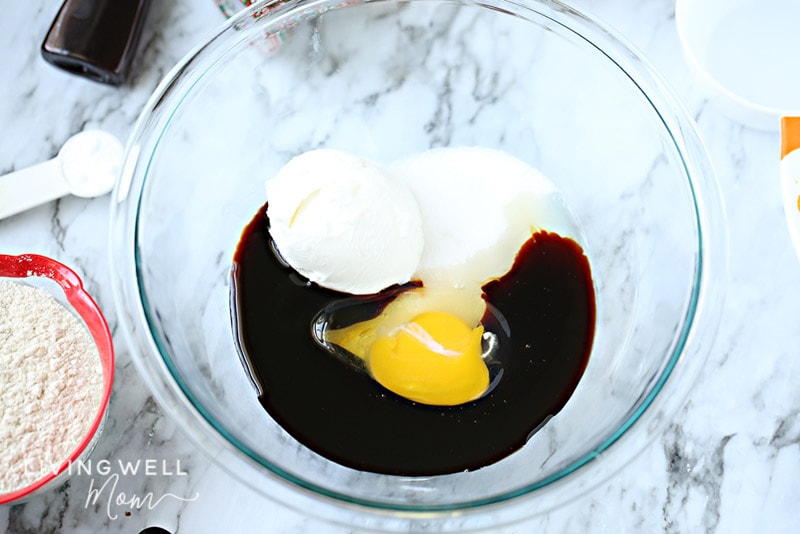 egg, shortening, and molasses ingredients for cookies