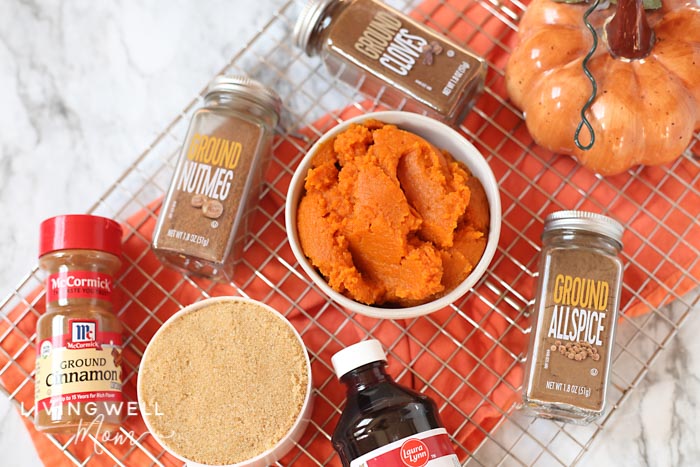 pumpkin spices, pumpkin, sugar and ingredients for pumpkin spice syrup