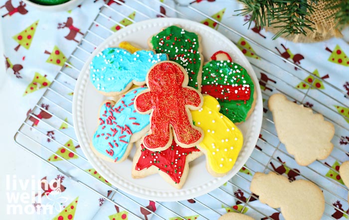 plate of frosted gluten-free sugar cookies for Christmas