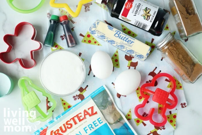 flour, eggs, butter ingredients for gluten-free sugar cookies