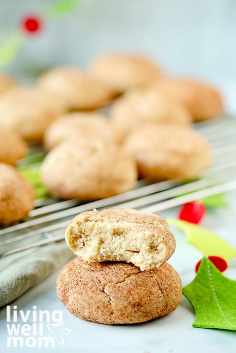 gluten-free snickerdoodle cookies with a bite out of it