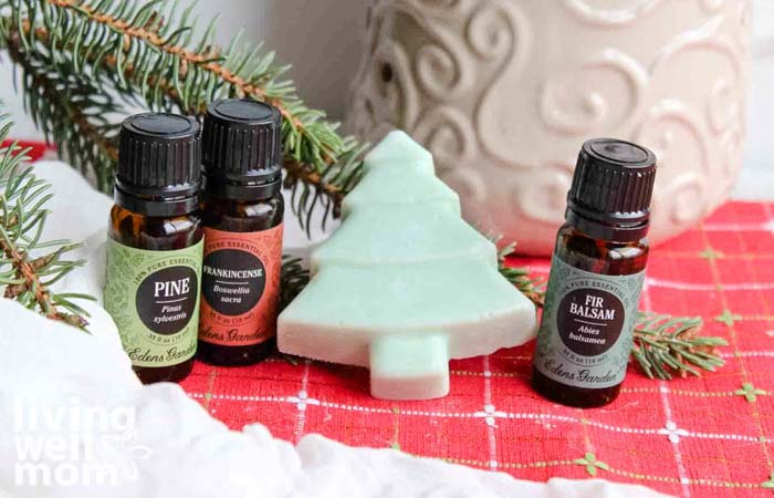 essential oils next to a DIY Christmas tree wax melt