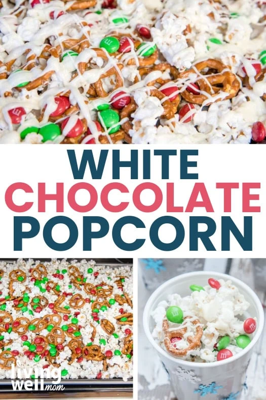 Collage of homemade white chocolate popcorn 