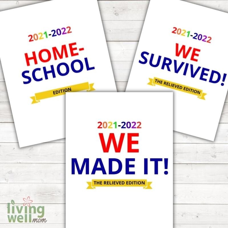 colorful homeschool, we survived, we made it 2022 signs on white wood background