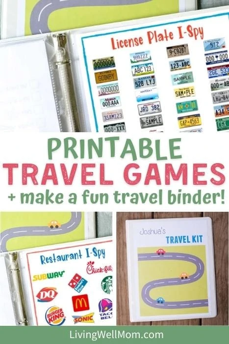 license plate game and more colorful printed travel games plus a travel binder on wood background