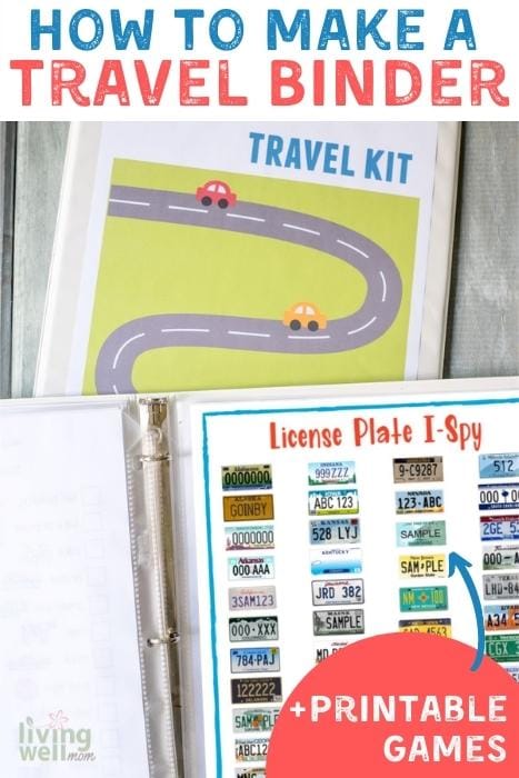license plate game printed page in white binder with kids travel kit binder behind