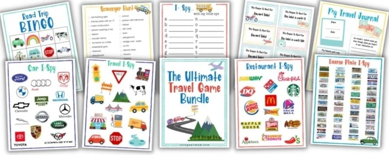 printed travel games and activities laid out on white background