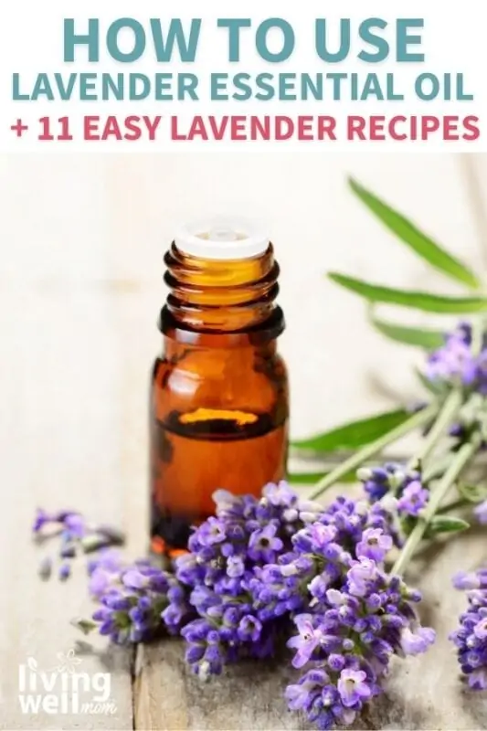 brown essential oil bottle next to lavender stems