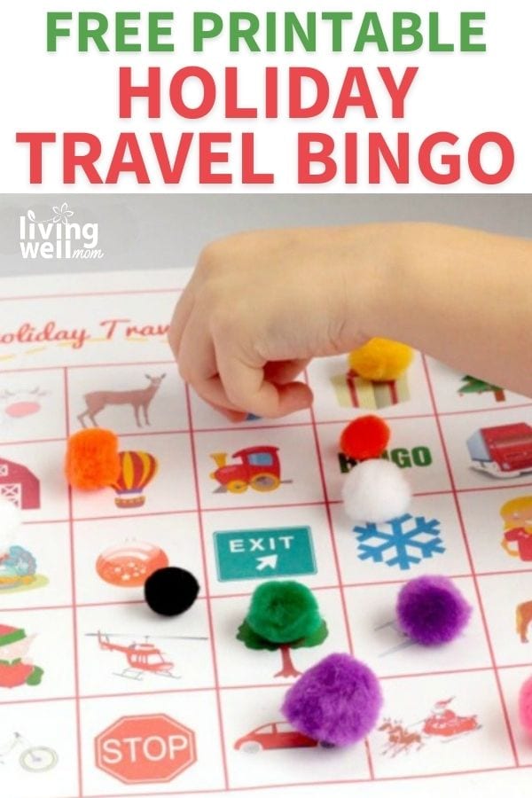 pinterest image for free printable holiday travel bingo