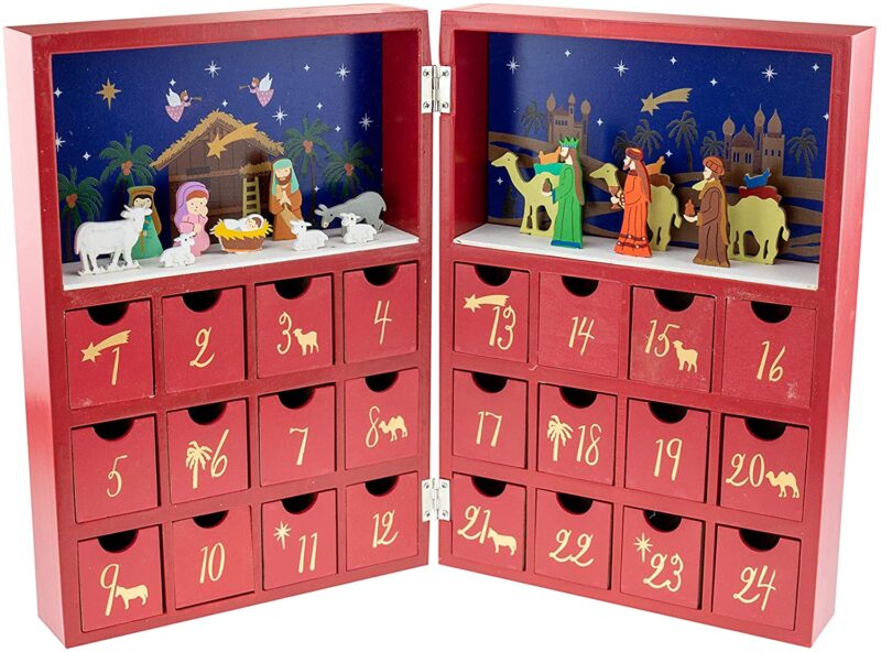 wooden nativity advent calendar that closes for storage