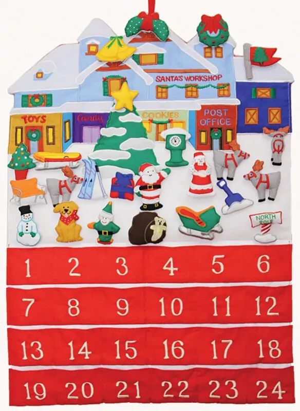 advent calendar featuring Santa in his workshop illustration