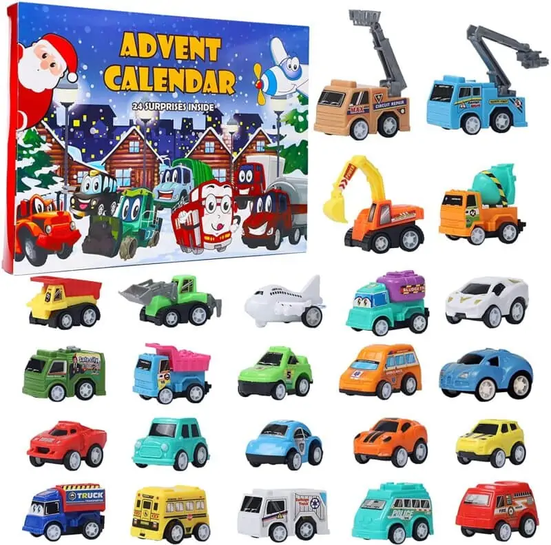 a christmas countdown with toy trucks and cars