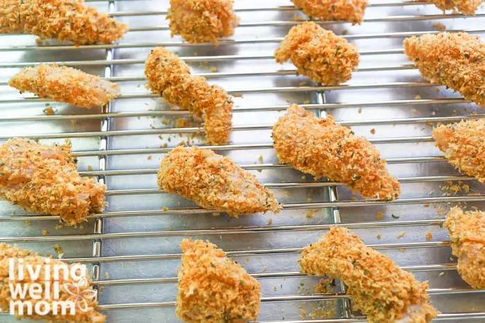 single layer of small chicken nuggets on baking rack