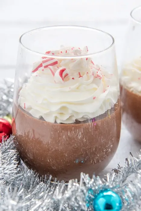 Close up of a stemless glass filled with chocolate mocha pudding with peppermint