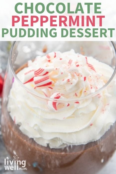 Mocha pudding topped with whipped cream and crushed peppermint